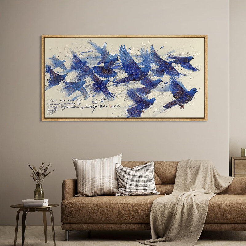 Animaux, vol élégant, oiseaux bleus vibrants, H 30 po x l 60 po, Naturel