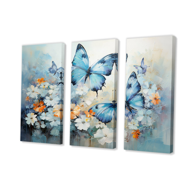 «Blue White Butterfly Symphony» sur toile, reproduction de 3 pièces, H 32 po x l 48 po x P 1 po
