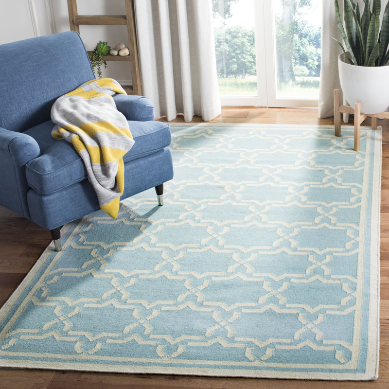 Rodgers Hand Woven Flat Weave Wool/Cotton Geometric Rug in Light Blue/Ivory, Rectangle 5' x 8'