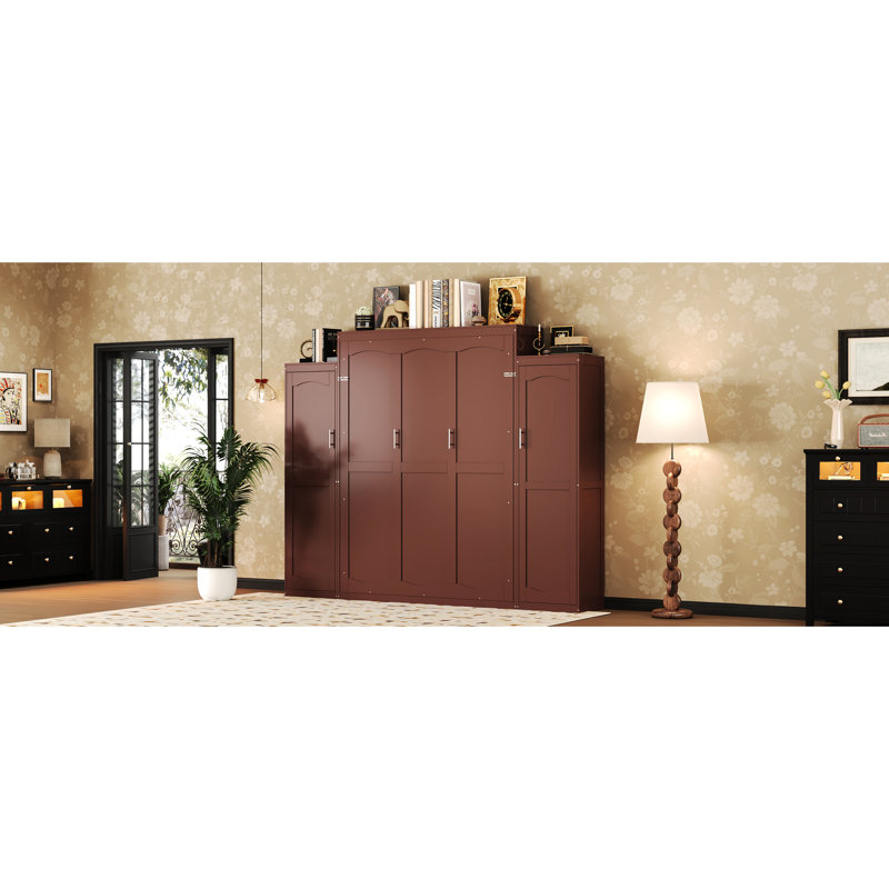 Grand lit en noyer avec 2 garde-robes de rangement intégrées et tablettes pliantes, plateforme multifonctionnelle pour chambre à coucher, étagère de rangement spacieuse, chambre d'amis pliable