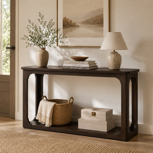 Console de 55 po avec découpes en arche ouverte et tablette inférieure, table d'entrée en placage de bois