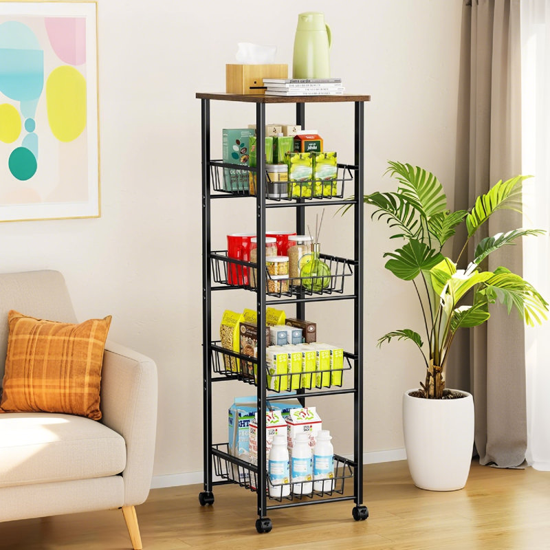 5-Tier Rolling Kitchen Organizer With Slide-Out Baskets And Wood Top For Efficient Pantry Storage