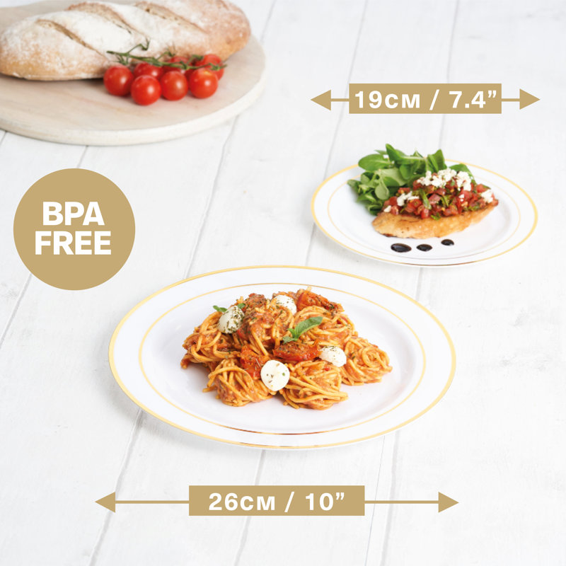 Premium Multi-Use Glitter Plastic Dinner & Dessert Plates 60 x 26Cm, 60 x 19Cm, White/Gold