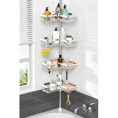 Chrome 4-Tier Adjustable Corner Shower Caddy With Hooks And Soap Holders, 25-114.2 Inch, Stainless Steel