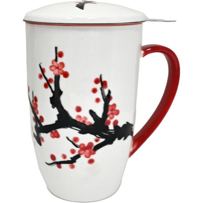 Pink Cherry Blossoms 15Oz Porcelain Tea Mug With Lid & Stainless Steel Infuser