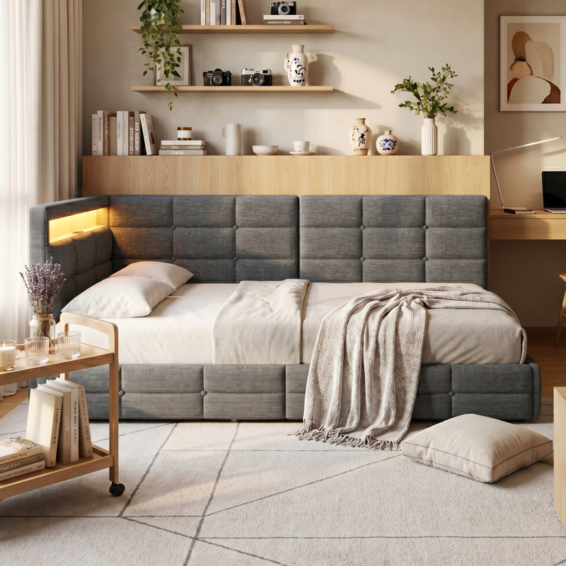 EU Single & Double Linen Daybed with LED & USB Charging, L-Shaped Headboard & Side Drawers, Beige/Grey, 90/140x200cm, Gray
