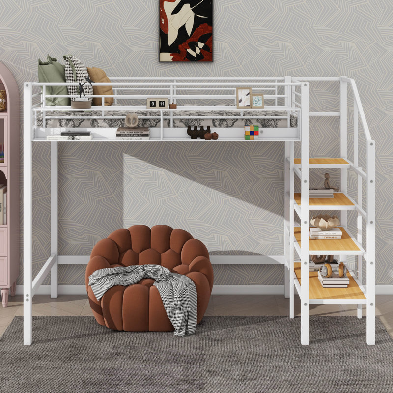 Lit mezzanine simple en métal avec tablette supérieure et échelle de rangement latérale, Blanc