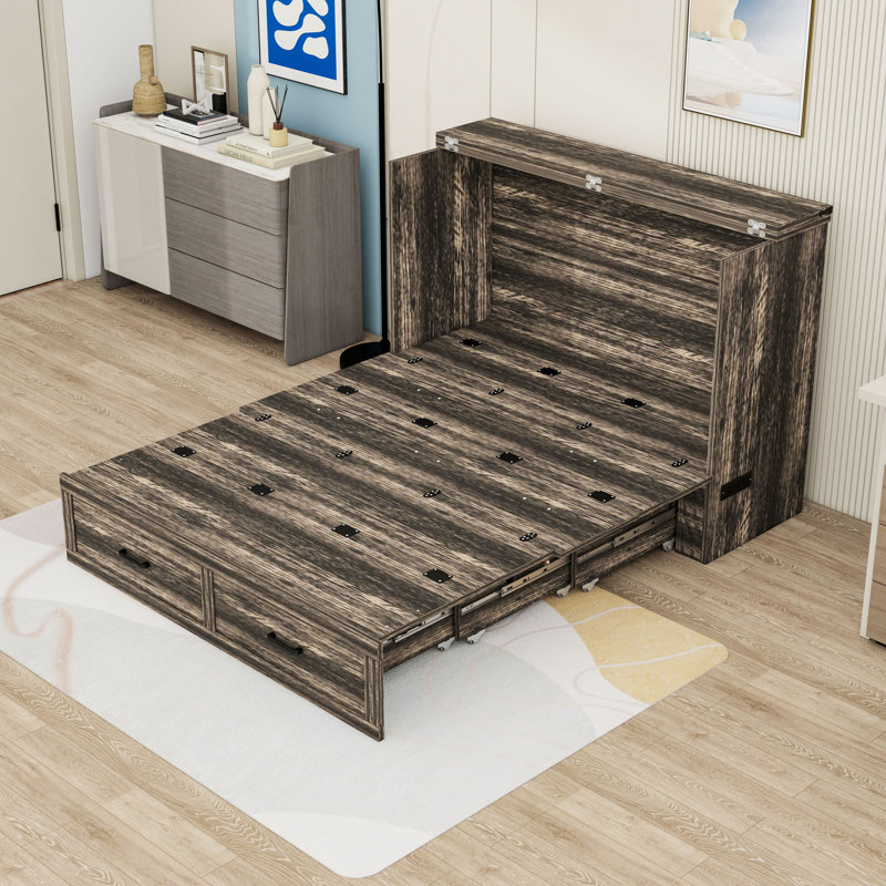 Lit escamotable en bois avec 1 tiroir et station de charge intégrée, Rustic Grey, Complète