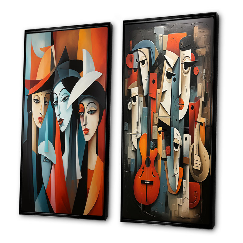 «Music Performance Cubist Portrait I - Theatre», ensemble d'art mural sur toile, Cadre flottant noir, H 28 po x l 25 po
