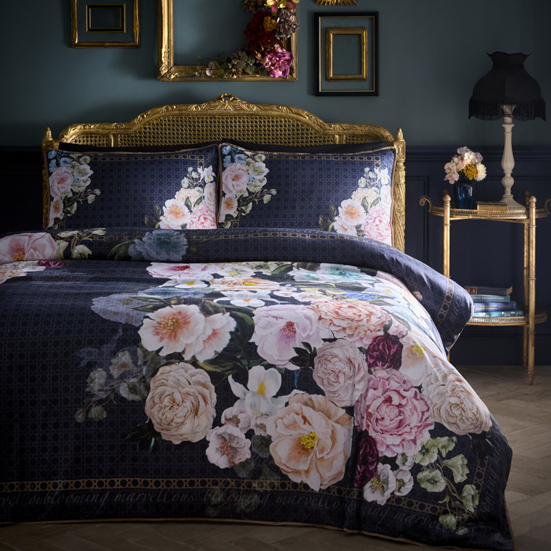 Laurence Llewelyn-Bowen Bouquet List Duvet Cover Set Navy, Super King Bed (260 x 220 cm)