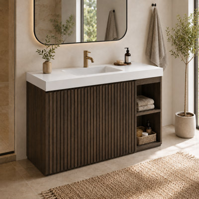 Meuble-lavabo autoportant cannelé en chêne fumé 48 po avec rangement, tablettes réglables et design moderne 48 po