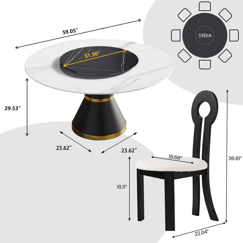 Table de salle à manger moderne à 8 sièges en pierre frittée avec plateau rotatif, chaises de salle à manger modernes en forme de clé