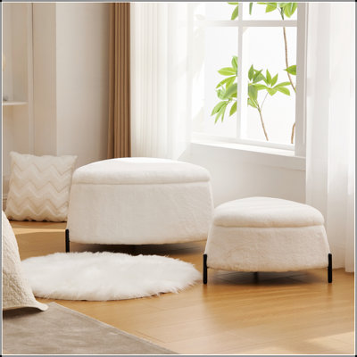 2-Piece Faux Fur Upholstered Storage Ottoman Set with Metal Legs, Reversible Lid for Versatile Use in Living Room and Bedroom