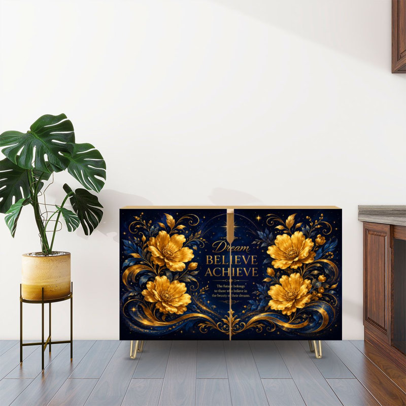 Buffet Buffet avec rangement Citation inspirante florale dorée bleu foncé avec 2 portes pour le salon et la cuisine