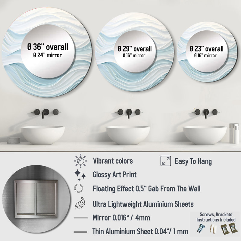 Blue And White Simplicity Wave - Abstract Marble Round Mirror Wall Decor_MTMIR109503, 23" x 23"