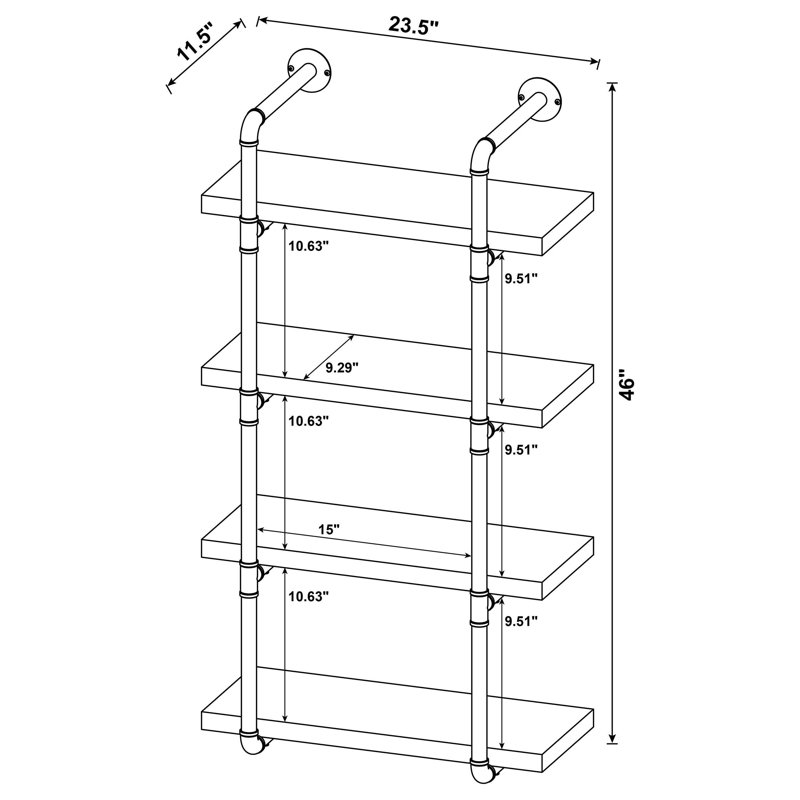 Olivia 4-Shelve Industrial Pipe Wall Shelf, Rustic Oak, 46" H x 23.5" W x 11.5" D