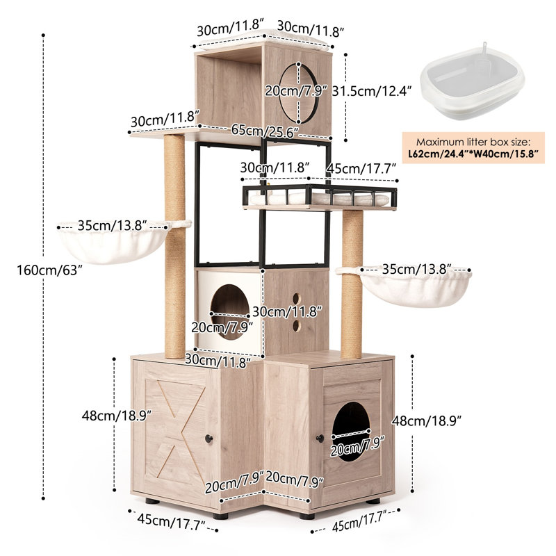 Arbre à chat 63 po multifonctionnel avec bac à litière - Comprend un coussin lavable amovible, des poteaux à griffer et un support à jouets, design moderne, gris rustique