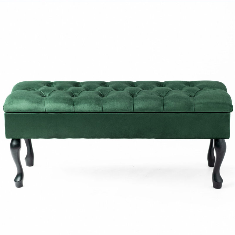 Velvet Upholstered Storage Bench, Green/Black, 44cm H x 120cm W x 30cm D