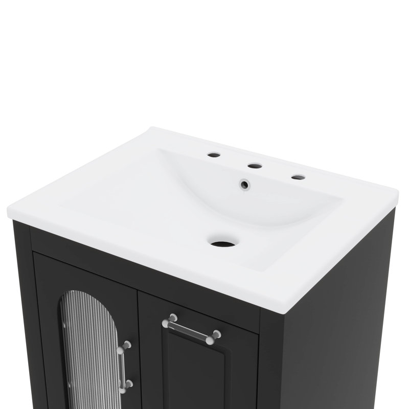 Meuble-lavabo moderne de 24 po avec lavabo en céramique, meuble-lavabo encastré et porte à 2 tiroirs, Noir