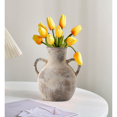 Vase rustique en céramique rustique avec 2 poignées, vase pour décoration intérieure
