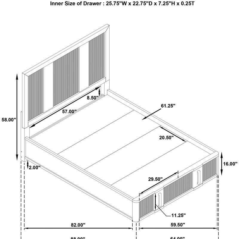 Modern Queen Storage Bed, Ash Brown, Two Drawers, Vertical , Bedroom Management Transitional Brown Lines, Graceful