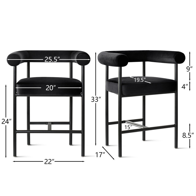 24" Modern Velvet Counter Stools, Upholstered Barrel Back Kitchen Island Counter Height Chairs With Powder Coated Metal Frame And Footrest