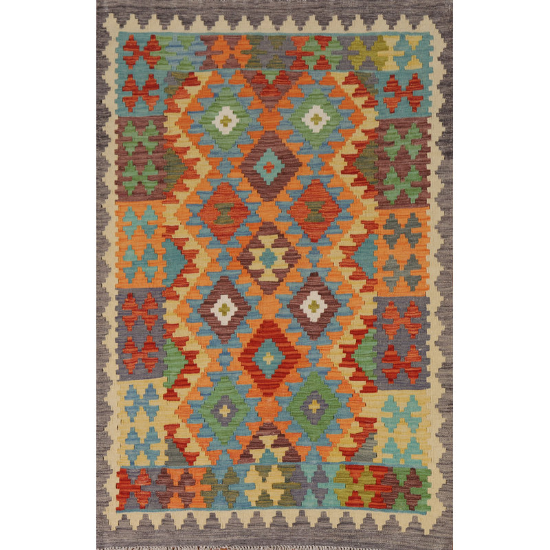 Geometric Kilim Reversible Wool Rug 4x6