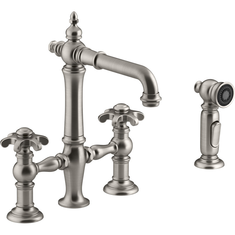Artifacts Bridge Faucet with Side Spray, Vibrant Stainless, Knob/Cross Handle