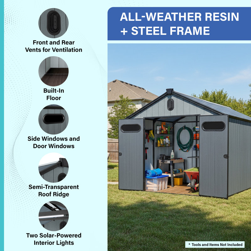 Plexalife 8×12 Large Heavy-Duty Outdoor Resin Storage Shed with Custom-Fit Solar Light Included Windows & Double Doors, Weatherproof & UV-Resistant Garden and Tool Shed with Metal Reinforcement & Ventilation, Light Grey 