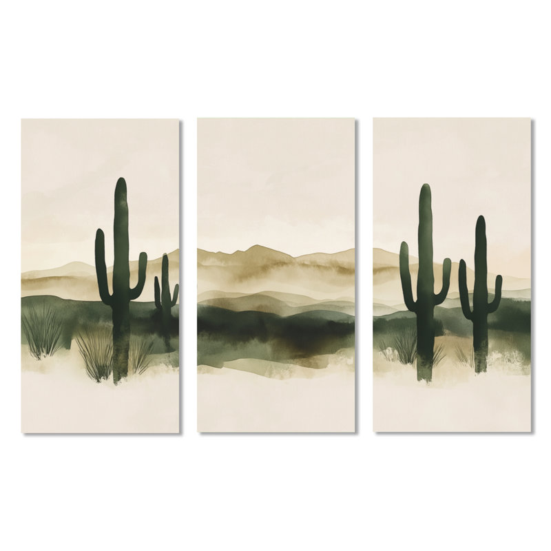 Neutre Cactus Horizon I - Désert, ensemble d'art mural sur toile encadré 3 pièces, H 40 po x l 60 po, Toile tendue