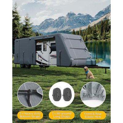 Housse pour caravane de 8,2 à 9,1 m (27 à 30 pi) de couleur grise, en tissu non tissé extra épais à 7 couches, avec sangles coupe-vent et housses de pneus pour une protection imperméable et UV.