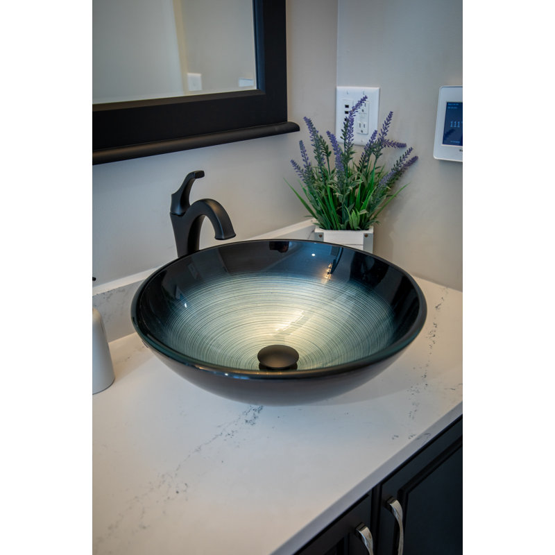 Eden Bath 16.38'' Tempered Glass Circular Bathroom Sink, Dark Blue