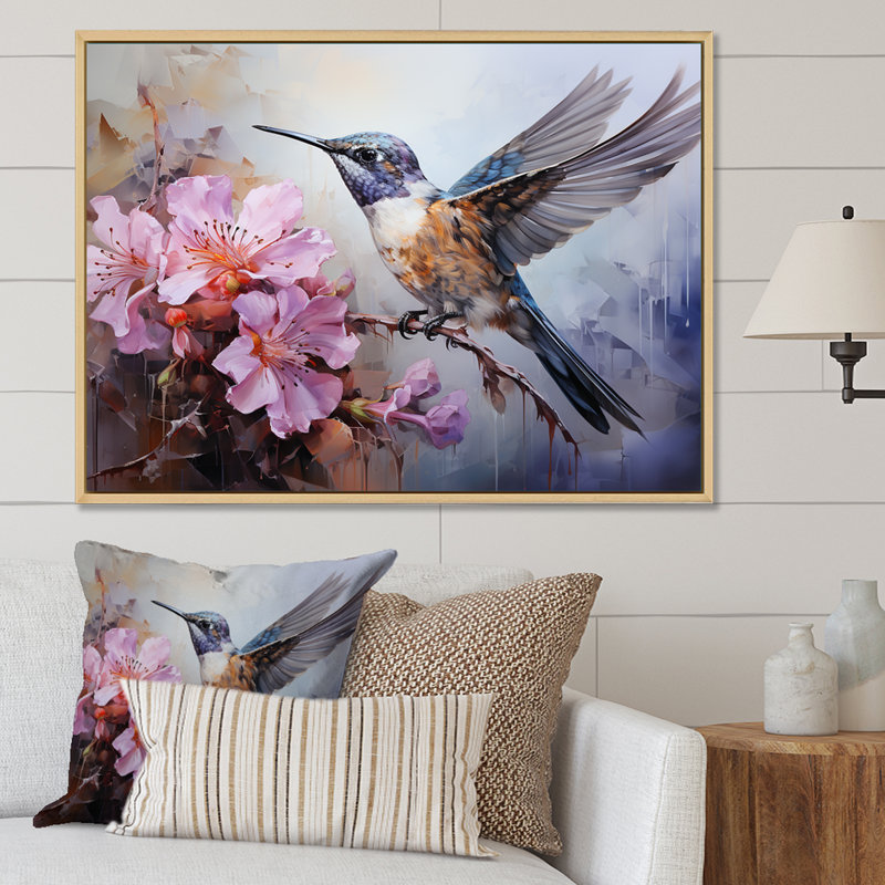 Colibri gris flottant Blooms II - Colibri, art mural animal, Cadre doré à coins fermés, H 30 po x l 40 po x P 1,5 po