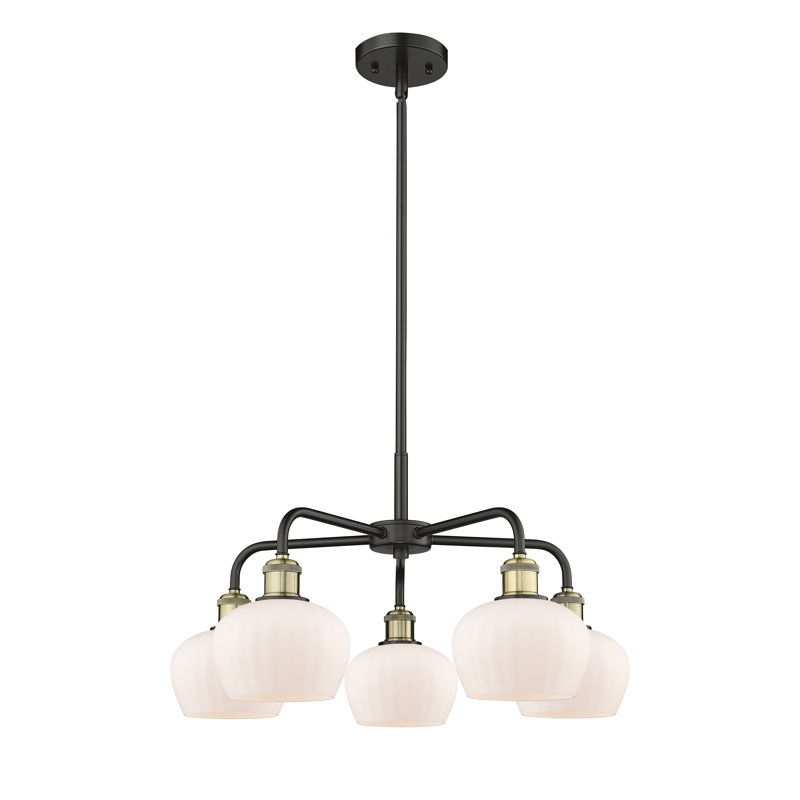 Lustre bol 5 lumières Calnie, Noir/laiton antique, Blanc mat