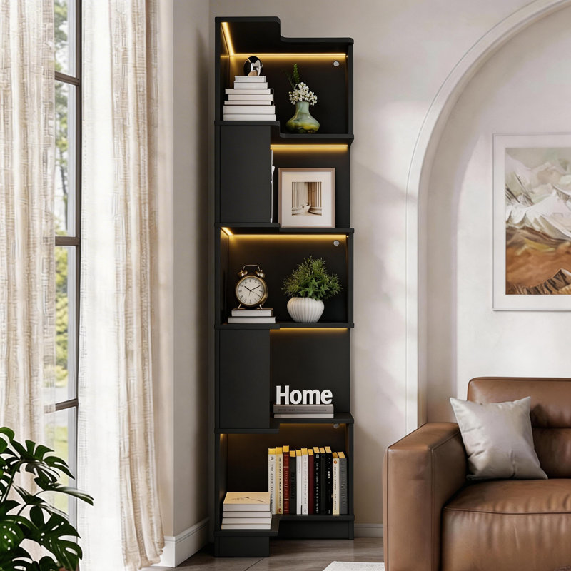 69" 5-Tier Corner Bookcase With LED Lights, L-shaped Display Shelves with Baffles, Freestanding Bookshelf for Living Room & Office