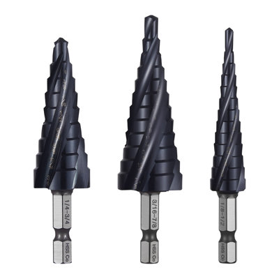 Step Drill Bit Set, 1/8 - 7/8 inch, 3 Pieces Step Drill Bits, 1/4 inch Hex Shank, TiAlN Coating Cobalt HSS High Speed Steel, for Metal, Stainless Steel, Aluminum, Wood, Plastic, Fiberglass