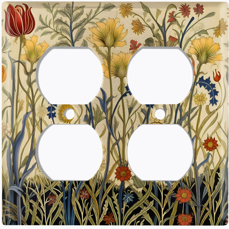 Couvercle de plaque d'interrupteur en métal; Rectangle 2 bandes US standard - Fleurs rétro, Prise double # 9