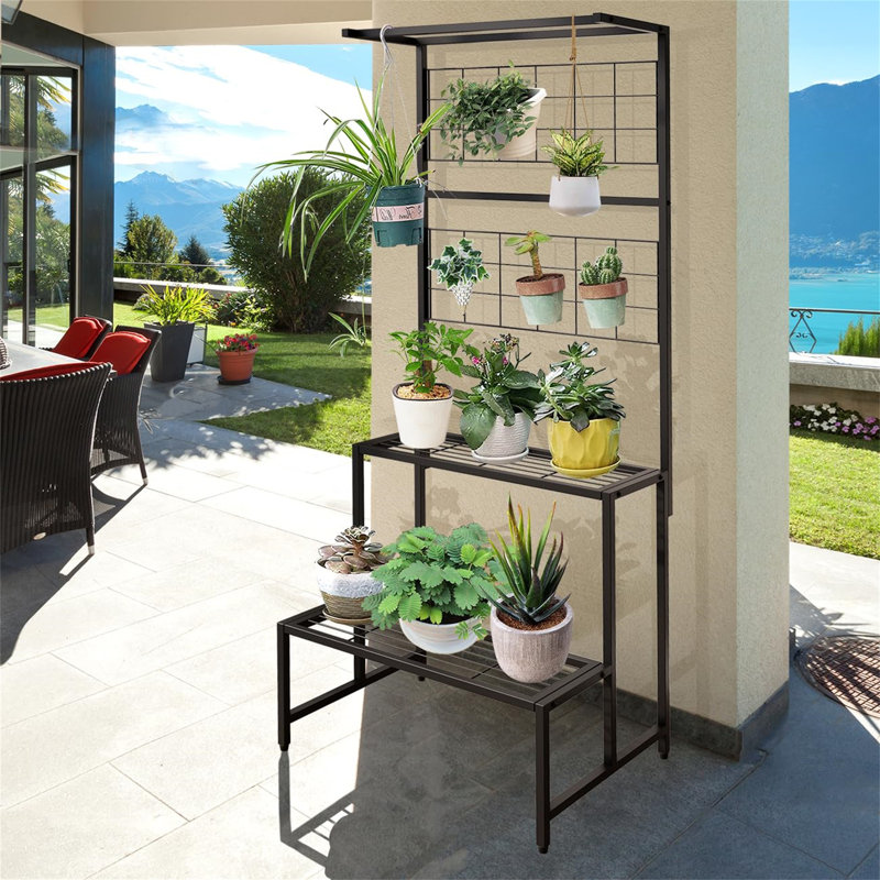 Large Black Metal Multi-Level Plant Stand with Hanging Rack