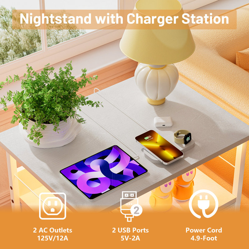 White LED Nightstand with 3 Drawers and Charging Station