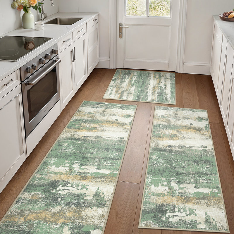 Machine Washable Anti-Slip Water Resistant Kitchen Mat, Green/Beige