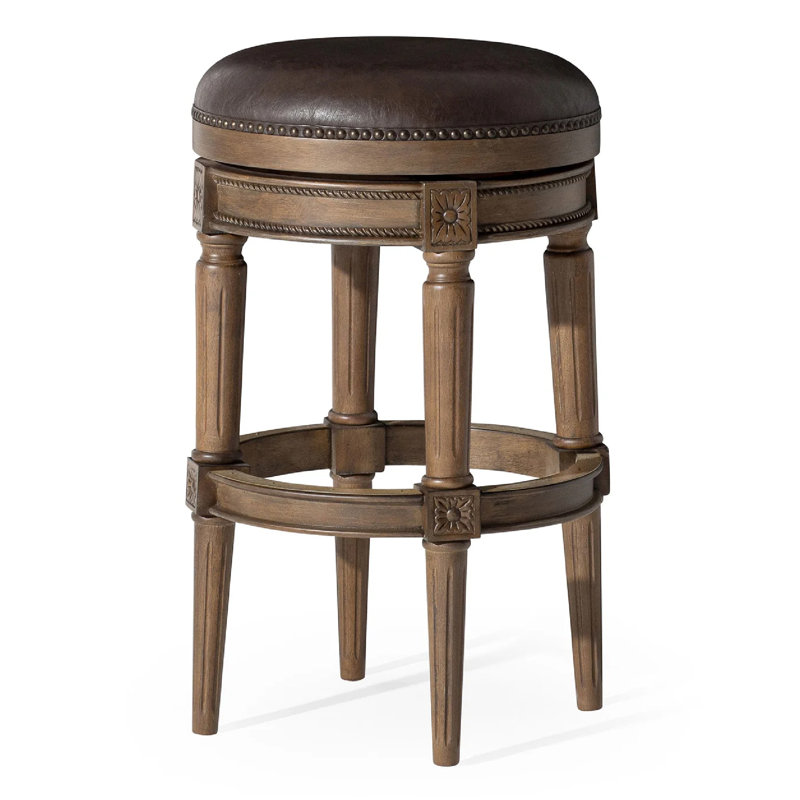 Maven Lane Pullman Backless Swivel Kitchen Stool with Upholstery Seat, Bar Stool (31" Seat Height), Walnut/Faux Leather