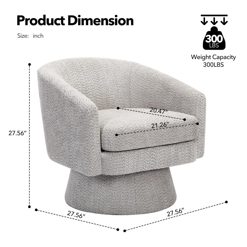 Fauteuil pivotant de style tonneau, fauteuil en chenille avec structure en bois massif, canapé une place pour salon, chambre à coucher, bureau, gris pâle