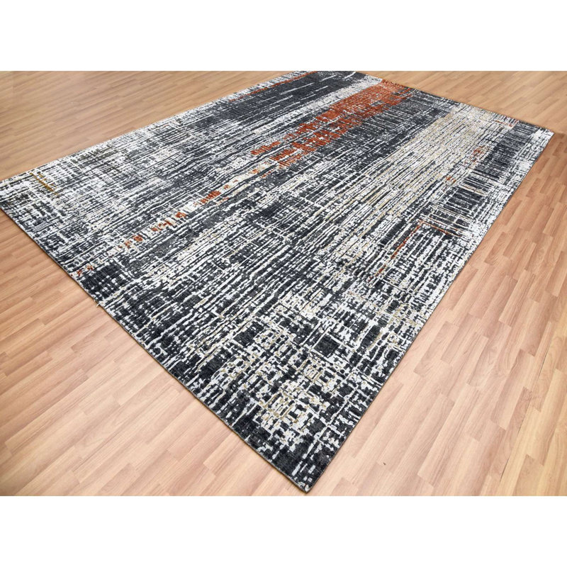 Tapis gris noué à la main de conception unique 9 pi x 12 pi 4 po