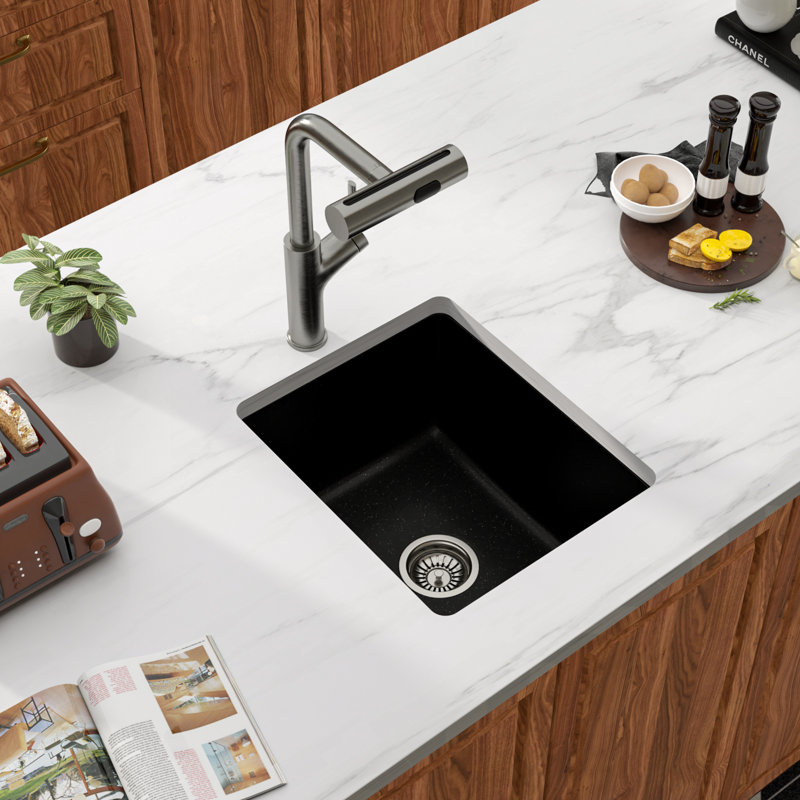 Évier de cuisine en composite de granite à cuve simple encastrable en quartz 15 po x 18 po Quartz, Noir