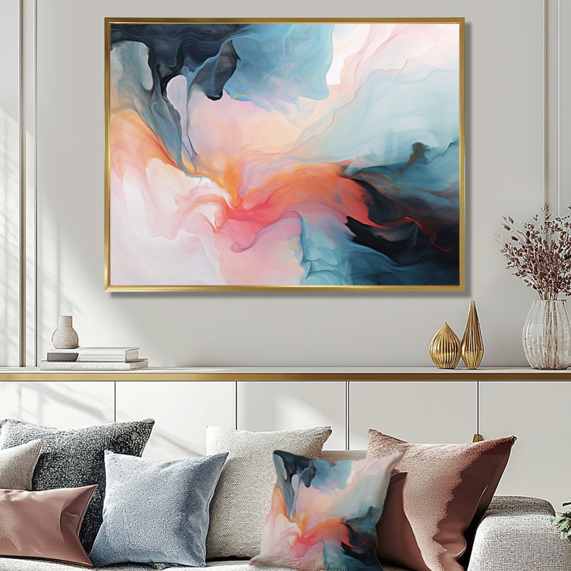 «Playful Deep Pink Sky Dance I», reproduction d'art abstrait à encre liquide, Cadre flottant doré