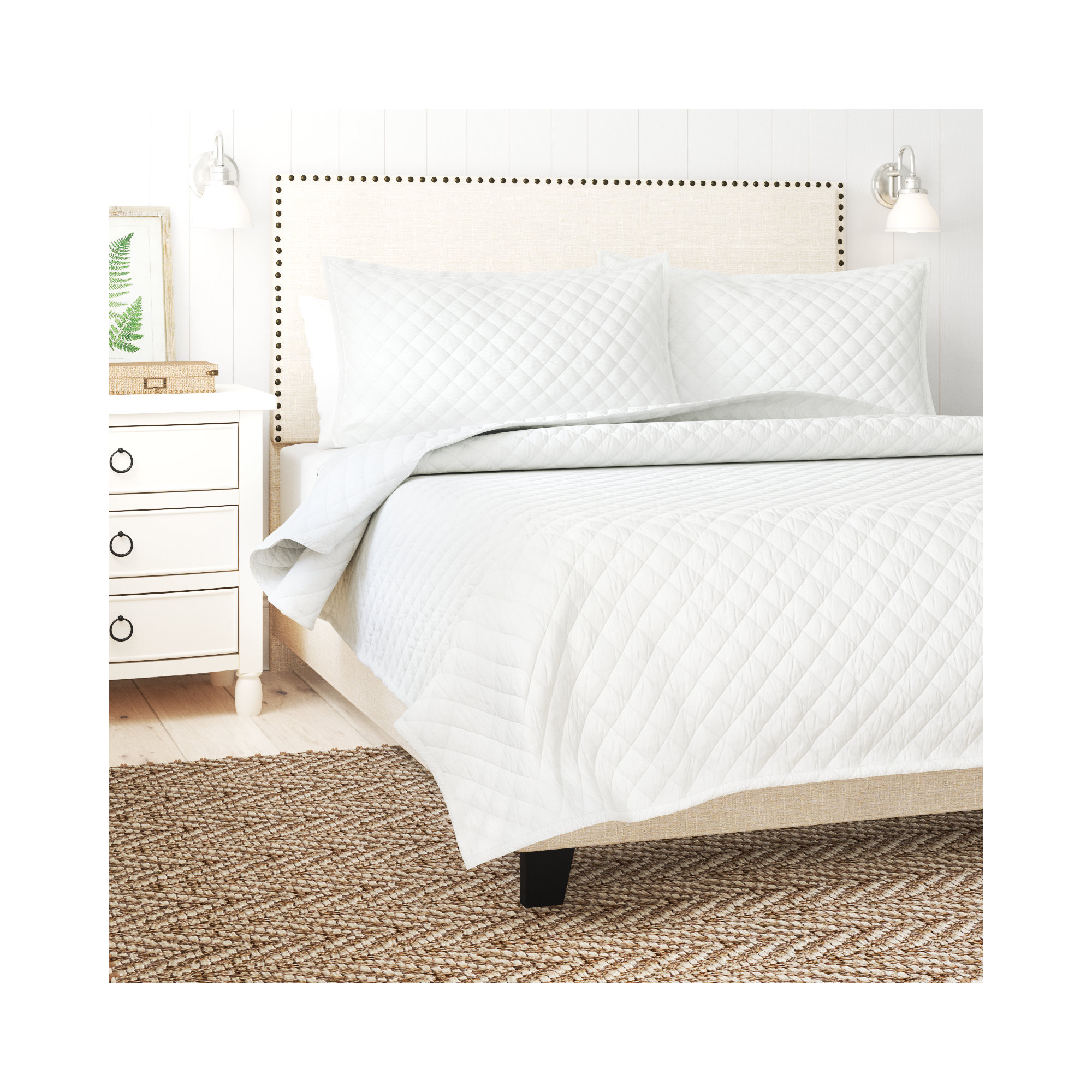 Gabriella Linen Blend Quilt Set, California King Duvet Cover + 2 Shams, White