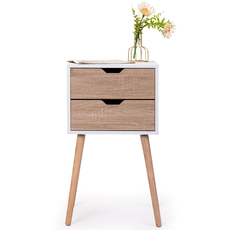 Table de chevet avec 2 tiroirs, pieds en bois massif, surface en noyer blanc pour le rangement des tiroirs des tables de chevet, design