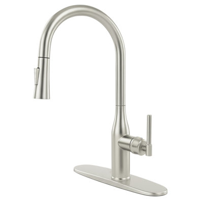 Modern farmhouse-style pull-down kitchen sink faucet with a 360° swivel, high-arc spout, 2 spray modes, and a leak-proof ceramic cartridge—easy DIY installation