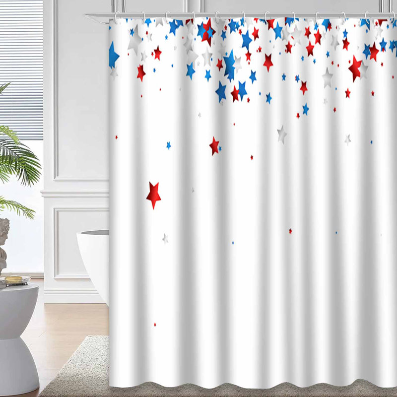 Rideau de douche rouge avec étoiles rouges et bleues avec 12 crochets, L 72 po x l 78 po
