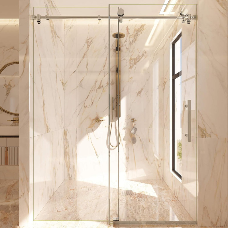 Porte de douche coulissante simple sans cadre 3/8 po en verre épais 48 x 72, Chrome
